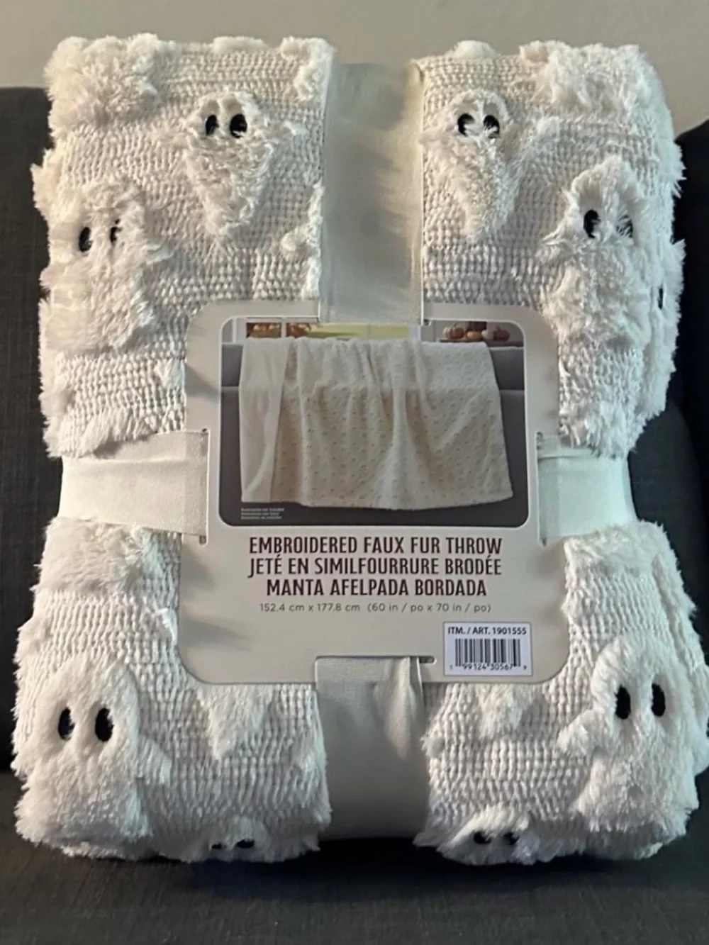Embroidered Faux Fur Ghost Throw Blanket - White Costco
